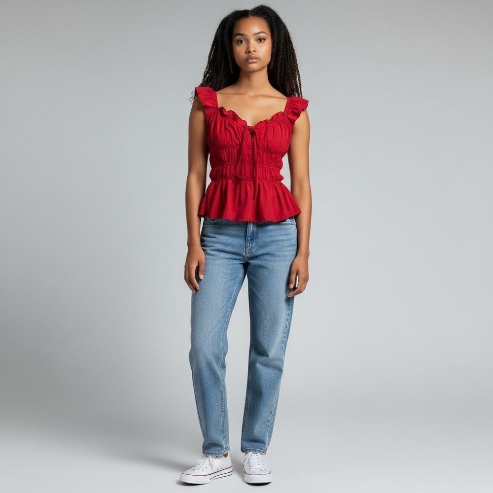 Nwot Shein Solid Red Ruffled Short Sleeve Scrunched Blouse V Neck Summer Size L